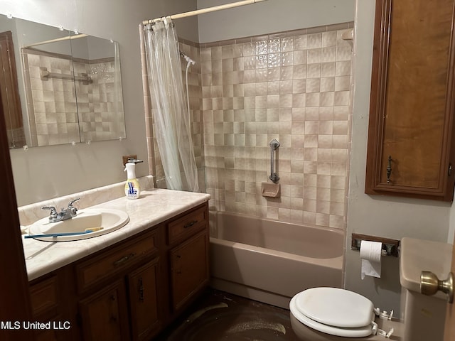 full bath with shower / tub combo, toilet, and vanity