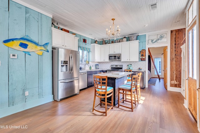 kitchen featuring a center island, a kitchen bar, stainless steel appliances, and white cabinets