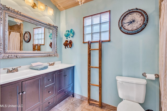 bathroom featuring toilet, wood ceiling, vanity, and plenty of natural light