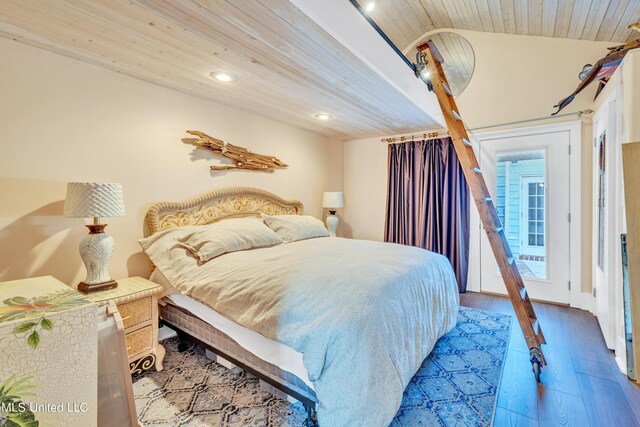 253 Sycamore St, Bay Saint Louis, MS 39520 - bedroom with recessed lighting, wooden ceiling, wood finished floors, and lofted ceiling