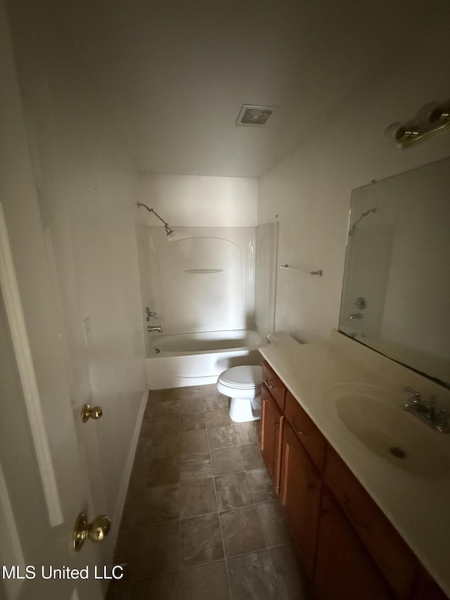 full bathroom featuring vanity, tub / shower combination, and toilet