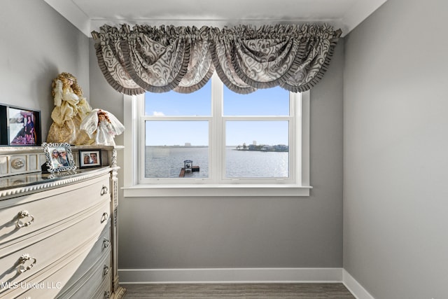 bedroom with a water view and wood-type flooring