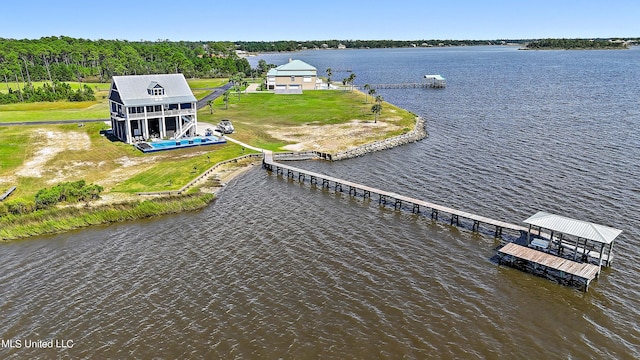 drone / aerial view with a water view