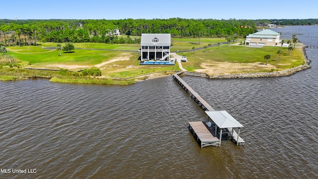 drone / aerial view featuring a water view