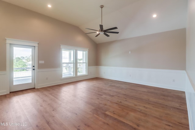 4054 Mallard St, Bay Saint Louis, MS 39520 - spare room with a wainscoted wall, healthy amount of natural light, a ceiling fan, hardwood / wood-style flooring, and lofted ceiling
