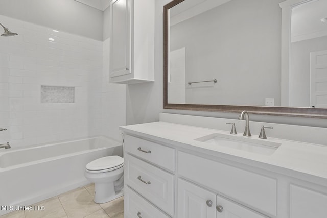 bathroom with toilet, tile patterned flooring, tub / shower combination, and vanity