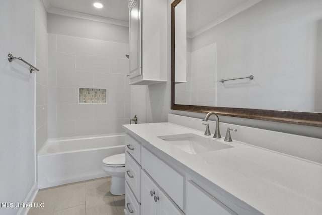 bathroom with toilet, vanity, tile patterned flooring, crown molding, and shower / bathtub combination