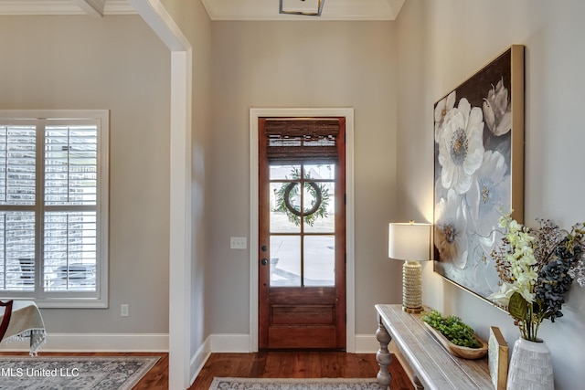 entryway with dark hardwood / wood-style flooring and a healthy amount of sunlight