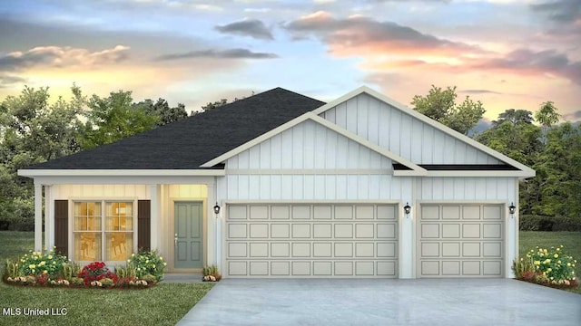 view of front facade with a garage, driveway, a shingled roof, and board and batten siding