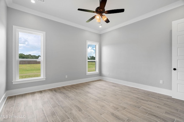 unfurnished room with light wood-type flooring, crown molding, plenty of natural light, and ceiling fan