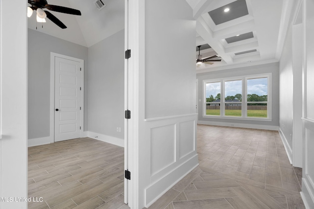 hall featuring light hardwood / wood-style floors, beamed ceiling, and coffered ceiling