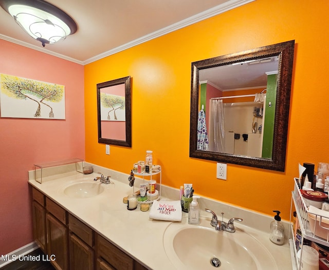 906 W Lakeshore Dr, Carriere, MS 39426 - full bathroom featuring a shower with shower curtain, ornamental molding, and double vanity