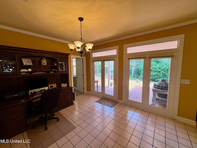 unfurnished office featuring a wealth of natural light, a chandelier, and light tile patterned flooring