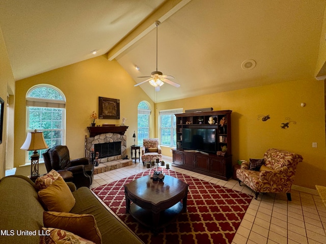 living room featuring tile patterned floors, a stone fireplace, beam ceiling, high vaulted ceiling, and ceiling fan