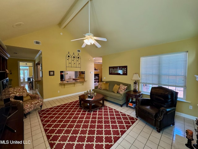 tiled living room with vaulted ceiling with beams and ceiling fan