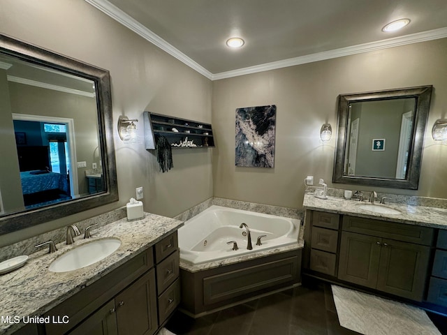 bathroom with vanity, a bathtub, tile patterned floors, and ornamental molding