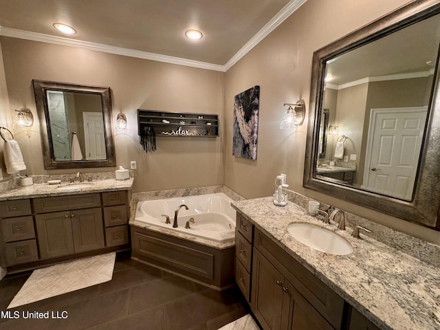 bathroom with vanity, a bathtub, crown molding, and tile patterned flooring