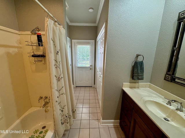 bathroom featuring vanity, crown molding, shower / tub combo with curtain, and tile patterned floors