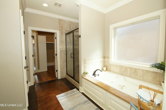 bathroom featuring visible vents, a stall shower, crown molding, and a whirlpool tub