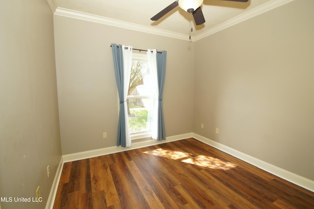 unfurnished room featuring a ceiling fan, wood finished floors, baseboards, and ornamental molding