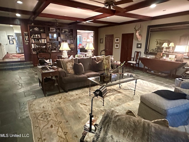 living room with beam ceiling and coffered ceiling