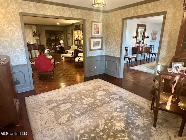 living area with dark parquet floors