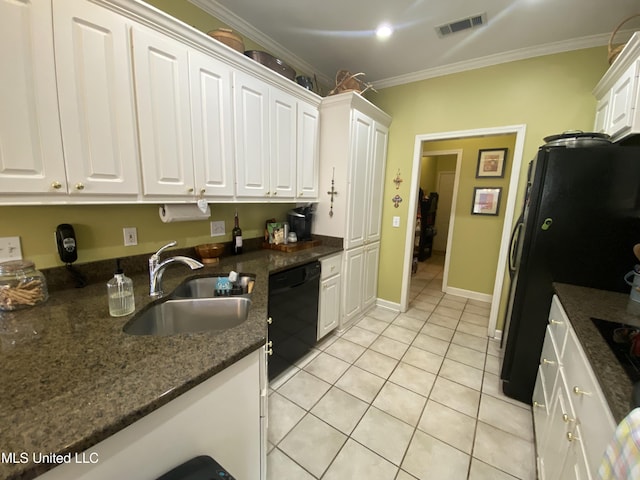 kitchen featuring visible vents, ornamental molding, a sink, black appliances, and white cabinets