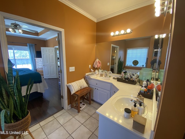 full bathroom with tile patterned flooring, double vanity, connected bathroom, and ornamental molding