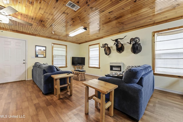 living room featuring wooden ceiling, heating unit, wood finished floors, and ceiling fan