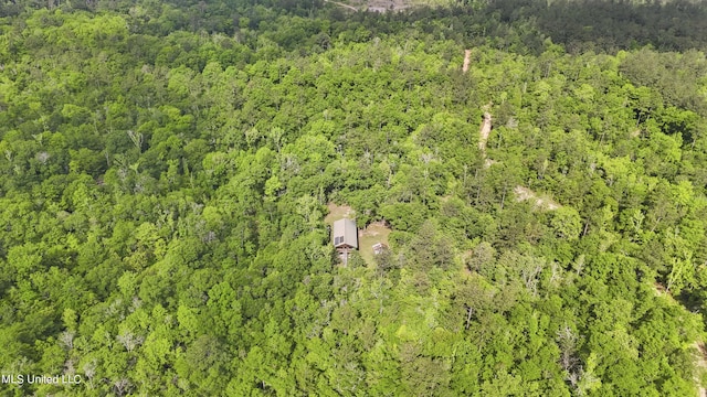 birds eye view of property featuring a forest view