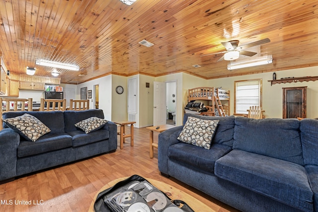 living room featuring ornamental molding, wood ceiling, light wood-type flooring, and ceiling fan