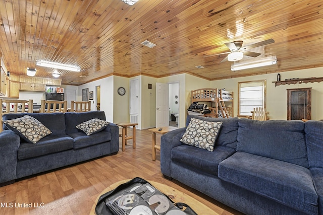 living area with wood ceiling, light wood-style flooring, visible vents, and a ceiling fan