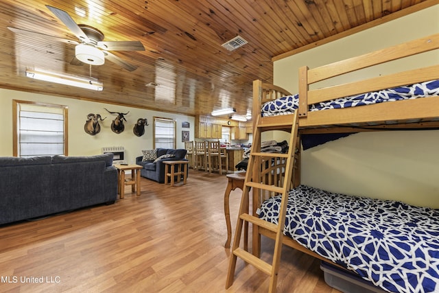 bedroom with wood ceiling, wood finished floors, and visible vents