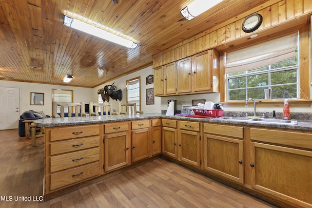 kitchen with a peninsula, dark countertops, light wood-style floors, and a sink