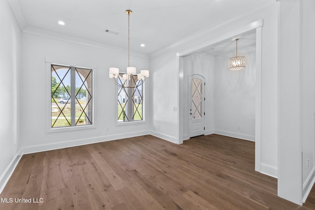 308 Lois Ct, Madison, MS 39110 - unfurnished dining area featuring a chandelier, baseboards, wood finished floors, ornamental molding, and recessed lighting