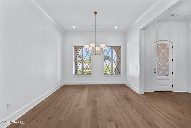 308 Lois Ct, Madison, MS 39110 - unfurnished dining area featuring wood finished floors, a chandelier, baseboards, crown molding, and recessed lighting