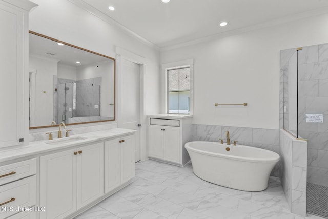 308 Lois Ct, Madison, MS 39110 - bathroom with crown molding, a shower stall, marble finish flooring, vanity, and recessed lighting