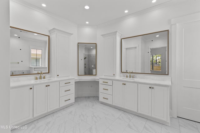 308 Lois Ct, Madison, MS 39110 - bathroom with healthy amount of natural light, marble look tile flooring, walk in shower, recessed lighting, and two vanities