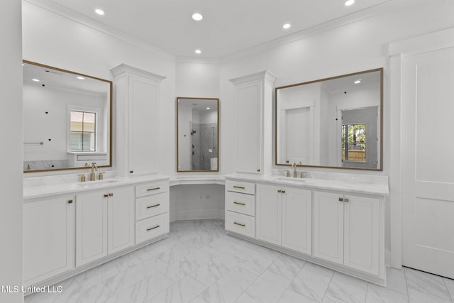 308 Lois Ct, Madison, MS 39110 - full bath with healthy amount of natural light, marble look tiles, recessed lighting, walk in shower, and two vanities