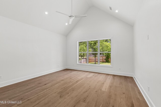 308 Lois Ct, Madison, MS 39110 - unfurnished room with high vaulted ceiling, recessed lighting, wood finished floors, ceiling fan, and baseboards