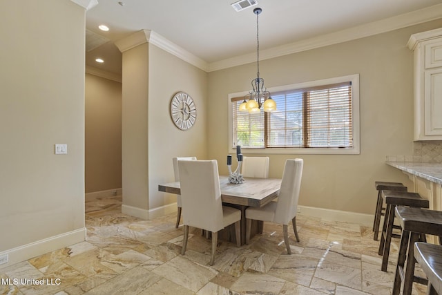 430 Johnstone Dr, Madison, MS 39110 - dining room with ornamental molding, light marble finish flooring, baseboards, a chandelier, and recessed lighting