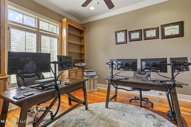 430 Johnstone Dr, Madison, MS 39110 - home office with ornamental molding, ceiling fan, baseboards, and light wood-style flooring