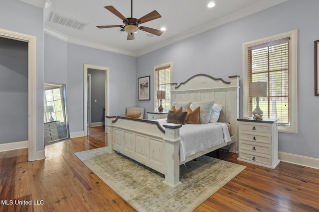 430 Johnstone Dr, Madison, MS 39110 - bedroom with baseboards, dark wood-style floors, ornamental molding, recessed lighting, and ceiling fan
