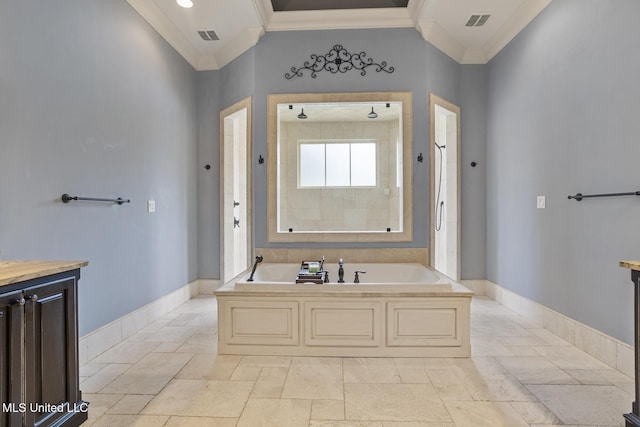 430 Johnstone Dr, Madison, MS 39110 - bathroom with crown molding, a bath, baseboards, stone tile flooring, and vanity