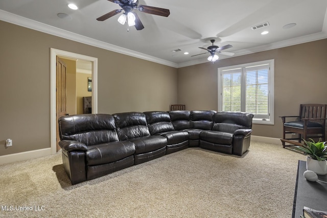 430 Johnstone Dr, Madison, MS 39110 - carpeted living area featuring a ceiling fan, baseboards, recessed lighting, and crown molding
