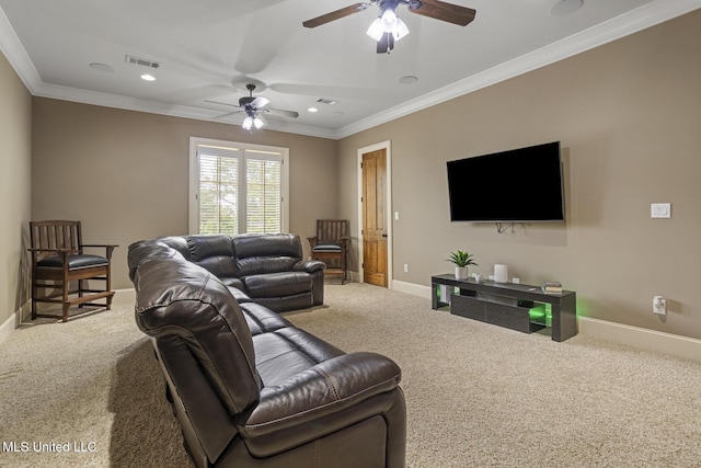 430 Johnstone Dr, Madison, MS 39110 - carpeted living area featuring ceiling fan, ornamental molding, baseboards, and recessed lighting