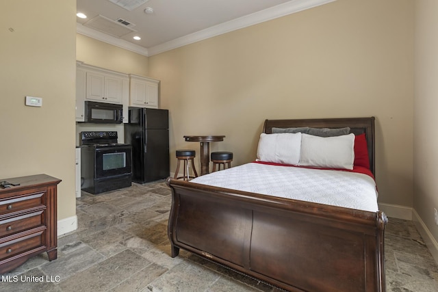 430 Johnstone Dr, Madison, MS 39110 - bedroom with freestanding refrigerator, stone tile flooring, ornamental molding, and baseboards