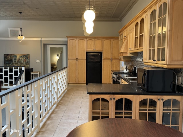 kitchen with black appliances, crown molding, decorative backsplash, decorative light fixtures, and light tile patterned flooring