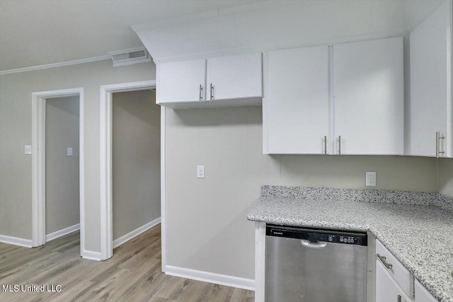 kitchen featuring light stone counters, dishwasher, light wood-type flooring, and white cabinets