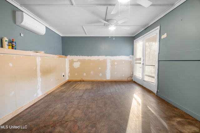 unfurnished room featuring ceiling fan, baseboards, and an AC wall unit